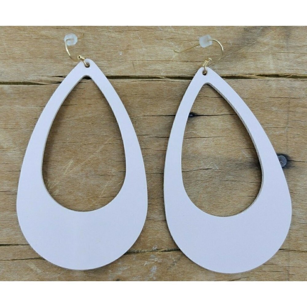 New Nickel & Suede Cut-Out Teardrop Earrings Ivory Peach Leather 3"